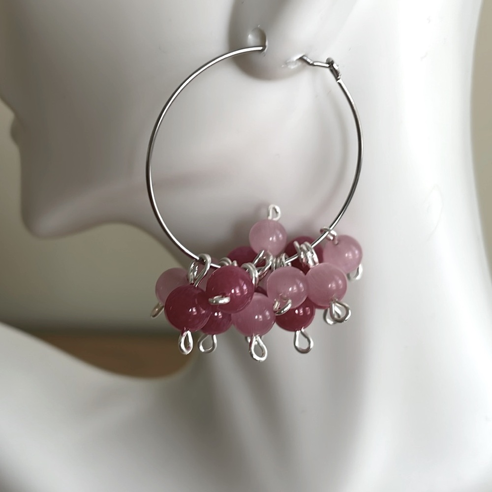 HAND CRAFTED CHA-CHA HOOP EARRINGS Magenta Pink Bonbon Bubble Cluster Wires